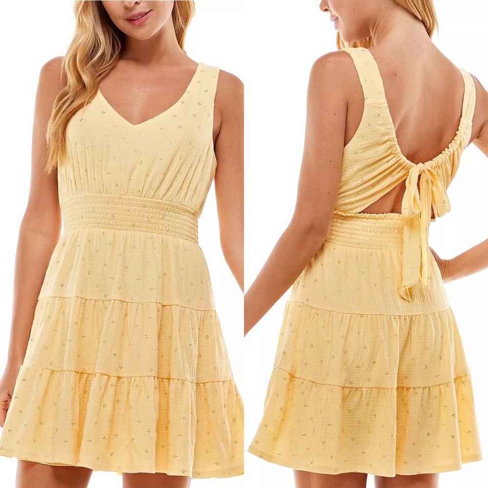 CITY STUDIOS Yellow/Butter Foil-Print Tie-Back Dress Size Large